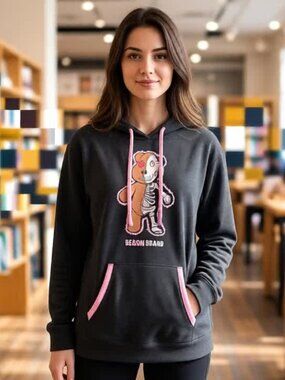 Fashion Nova Charcoal Hoodie with Pink Accents and Teddy Skeleton Graphic